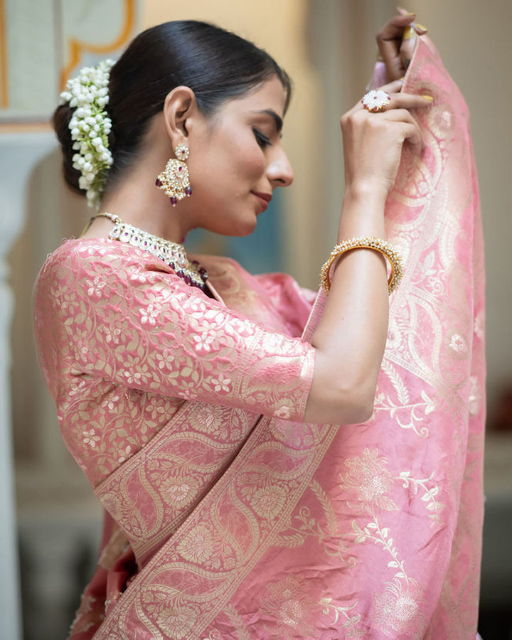 Designer Orange Color Jacquard Weaving Banarasi Silk Saree