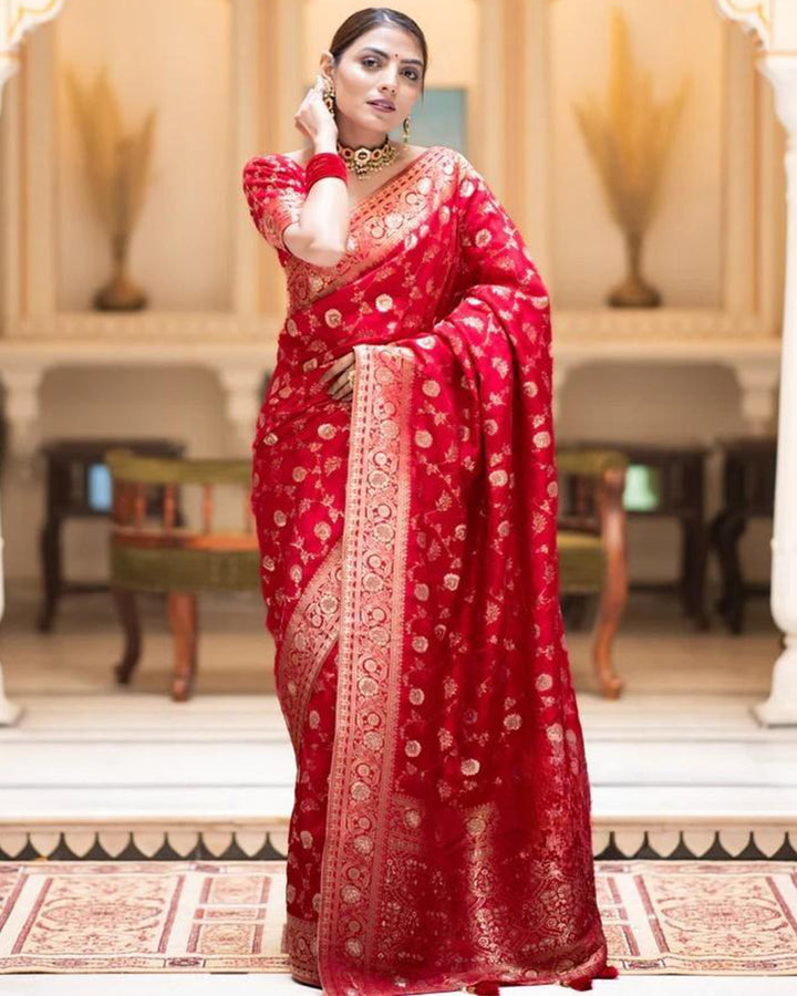 Designer Red Color Zari Work Banarasi Silk Saree