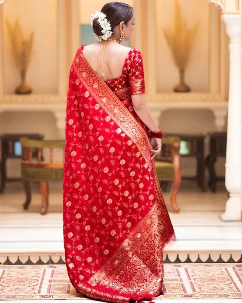 Designer Red Color Zari Work Banarasi Silk Saree