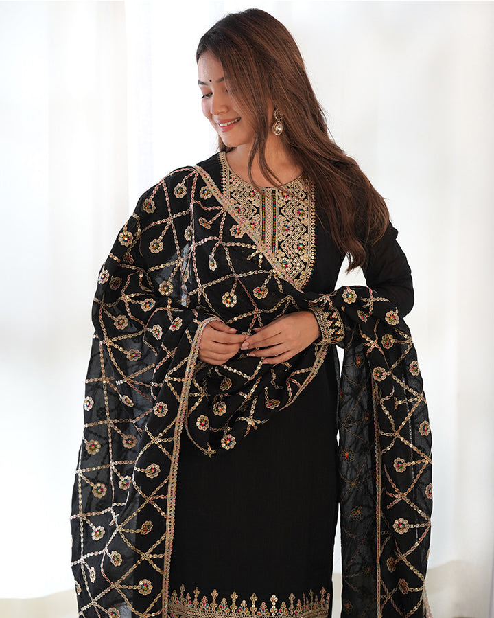 Black Color Vichitra Silk Three Piece Salwar Suit