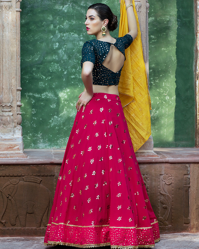 Rani Pink, Yellow, Dark Green Color Designer Georgette Lehenga Choli