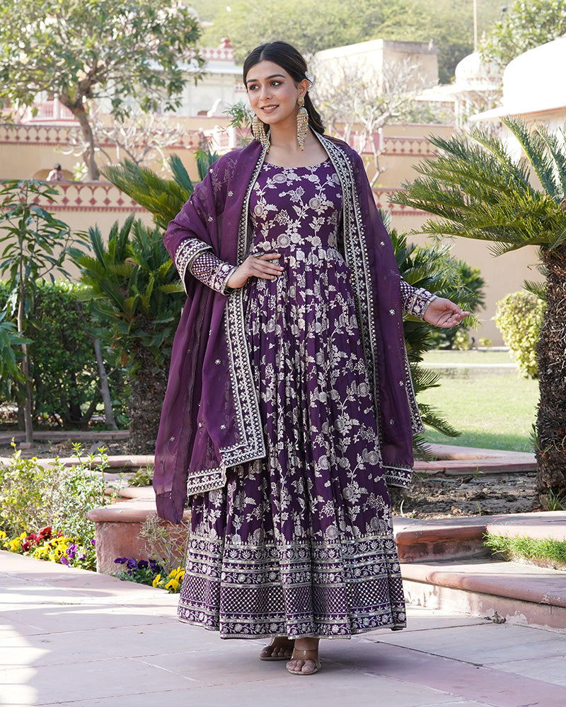 Beautiful Wine Color Viscose Jacquard Gown With Russian Silk Dupatta