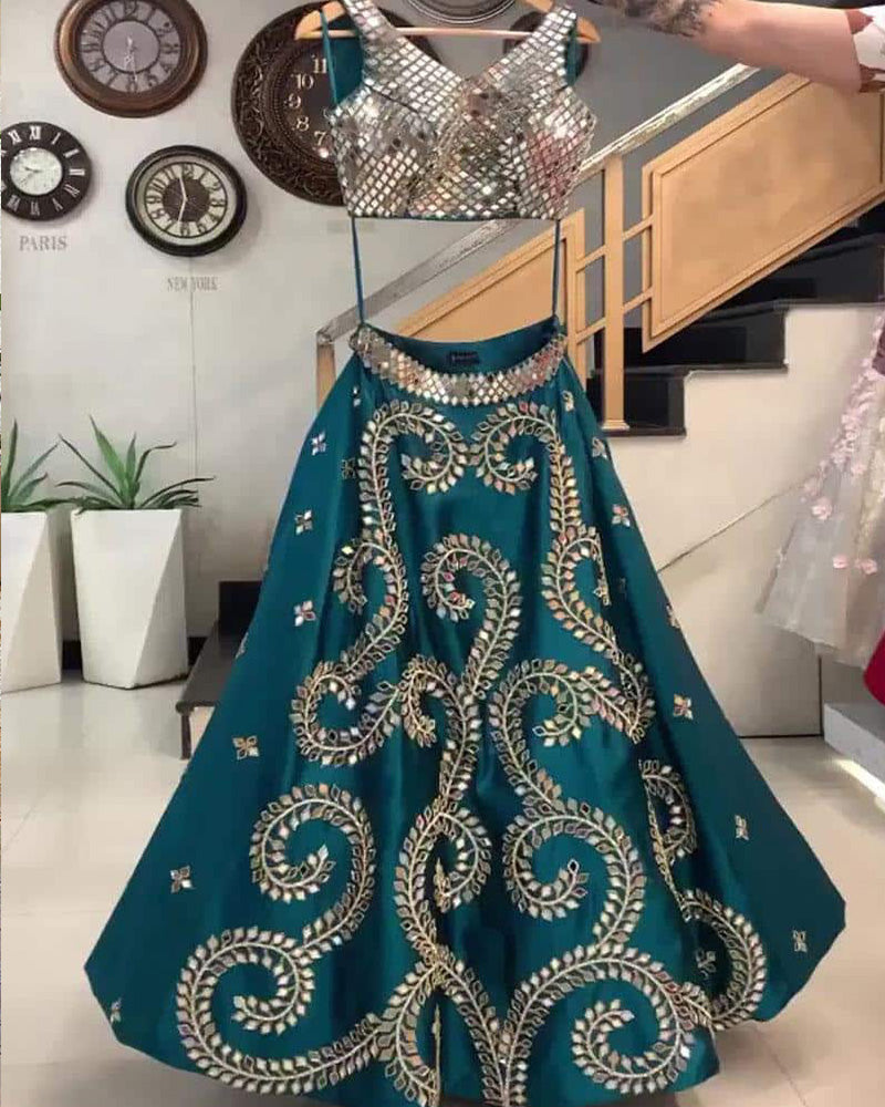 Teal Blue Mirror Work Taffeta Silk Party Lehenga Choli With Dupatta