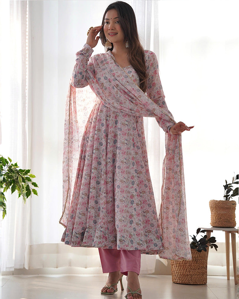 Baby Pink Color Floral Printed Chiffon Three Piece Anarkali Suit