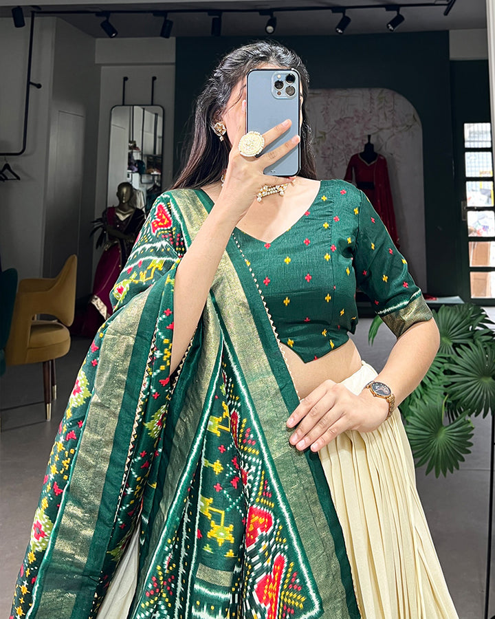 Patola Printed Green Color Tussar Silk Lehenga Choli