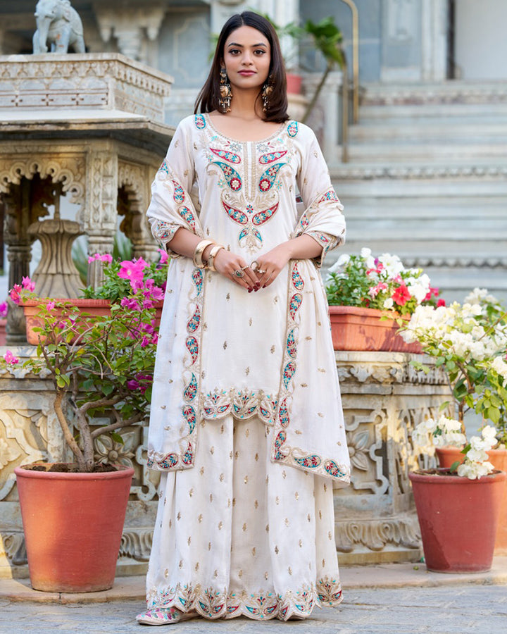 White Color Vichitra Silk Embroidered Salwar Suit