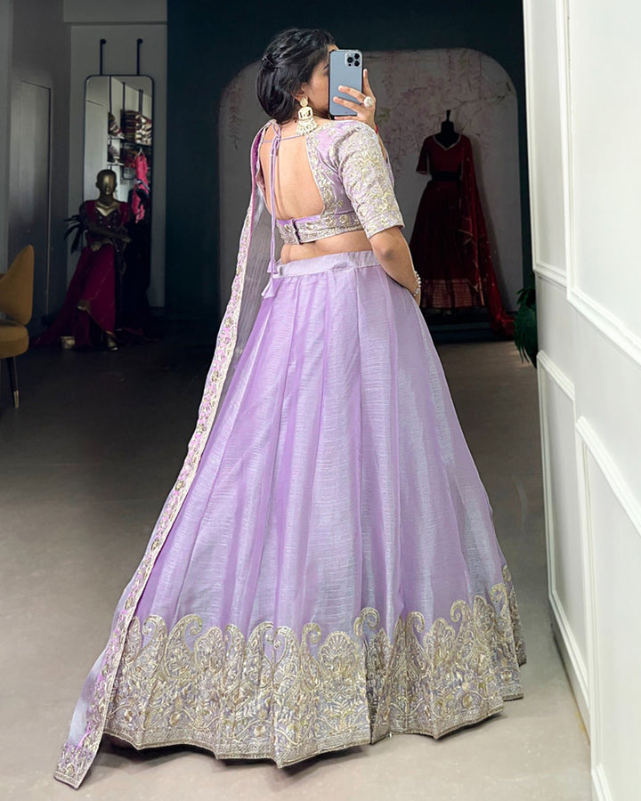 Lavender Color Burberry Silk Embroidered Lehenga Choli