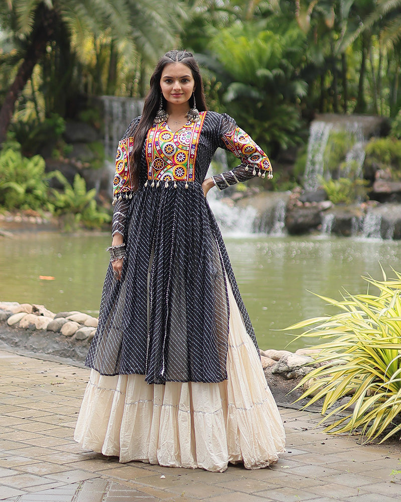 Black Color Kurti With Off-White Kora Cotton Lehenga