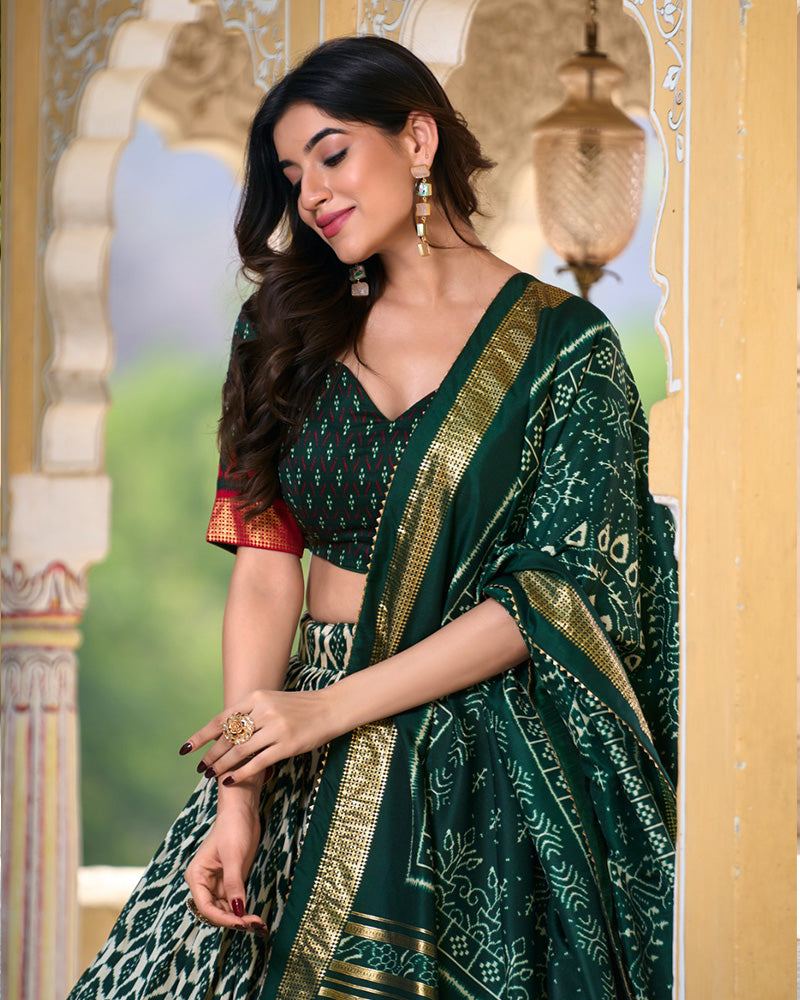 Green Color Tussar Silk Ikkat And Foil Work Lehenga Choli