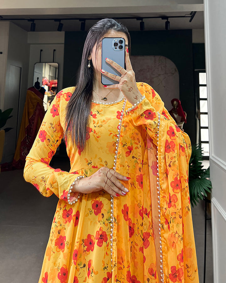 Yellow Color Designer Georgette Gown With Dupatta