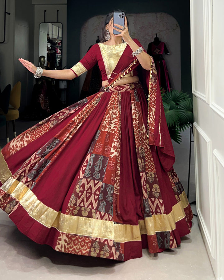 Maroon Color Rayon And Tussar Silk Printed Navratri Lehenga Choli