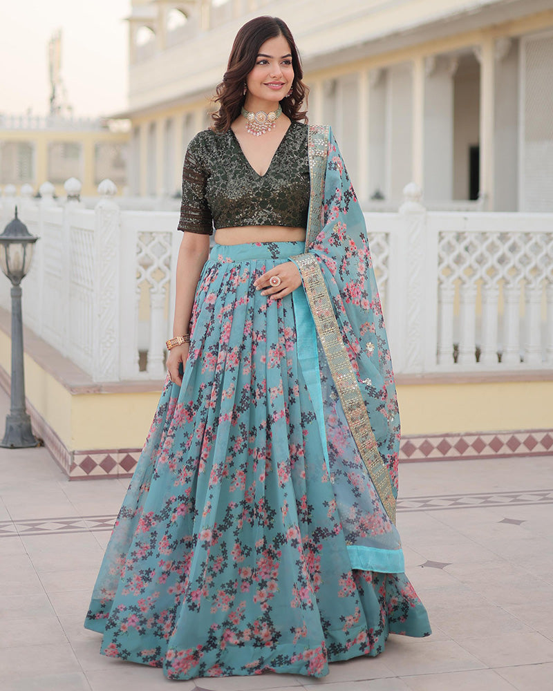 Designer Sky Blue Russian Silk Printed Lehenga Choli