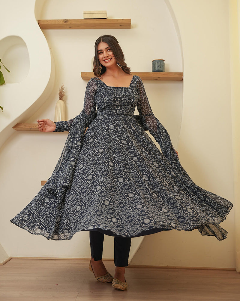 Navy Blue Color Georgette Digital Printed Anarkali Suit