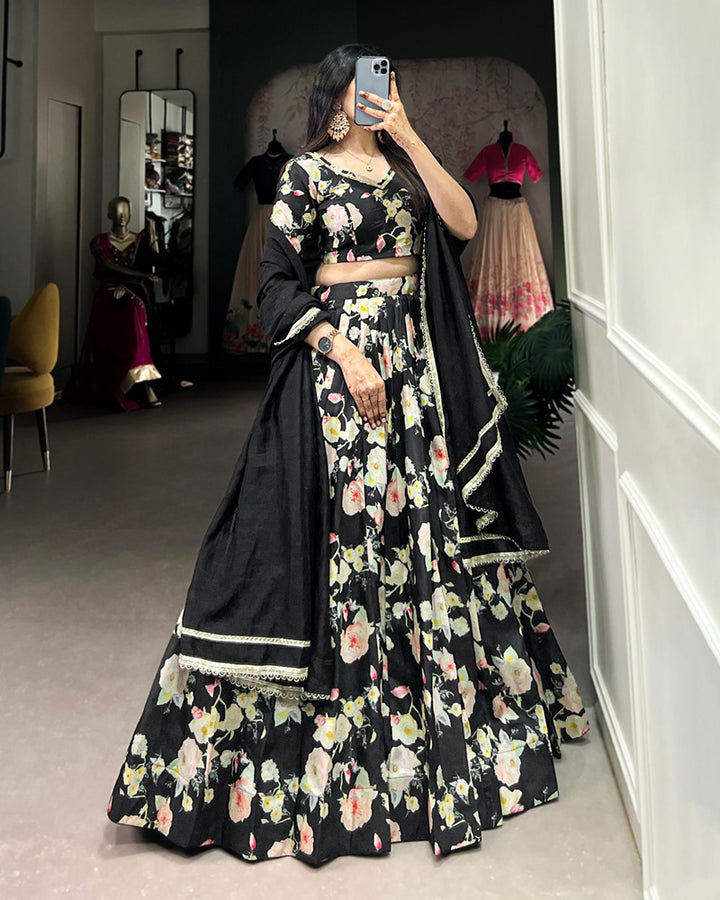 Floral Print Black Color Tussar Silk Lehenga Choli