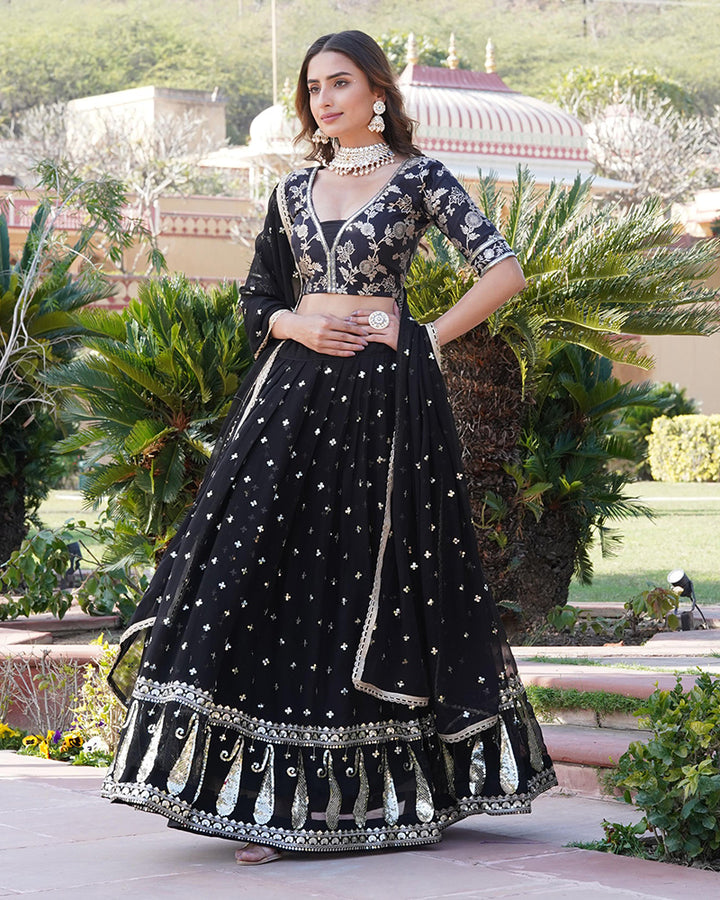 Wedding Wear Black Color Blooming Embroidery Lehenga Choli