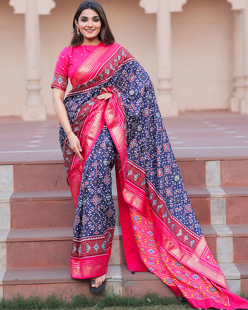 Navy Blue Color Patola Print With Foil Work Dola Silk Saree