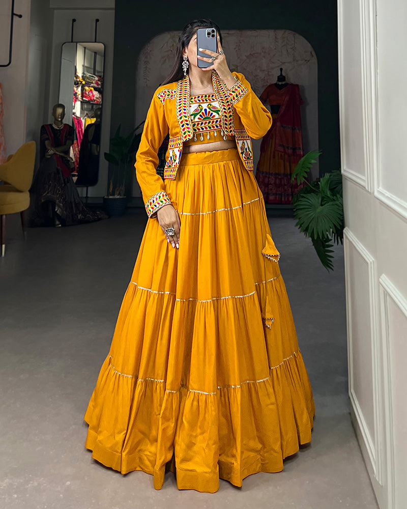 Mustard Color Pure Rayon Frill And Gamthi Work Navratri Lehenga Choli