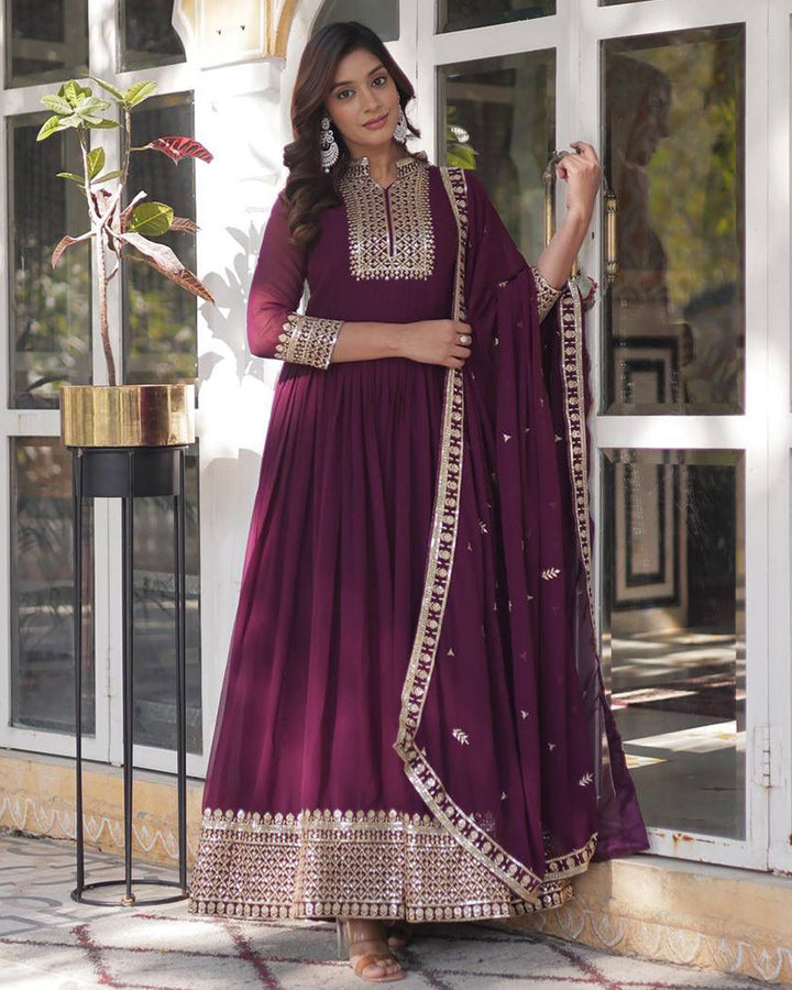 Designer Wine Color Gown With Sequence Embroidered Dupatta