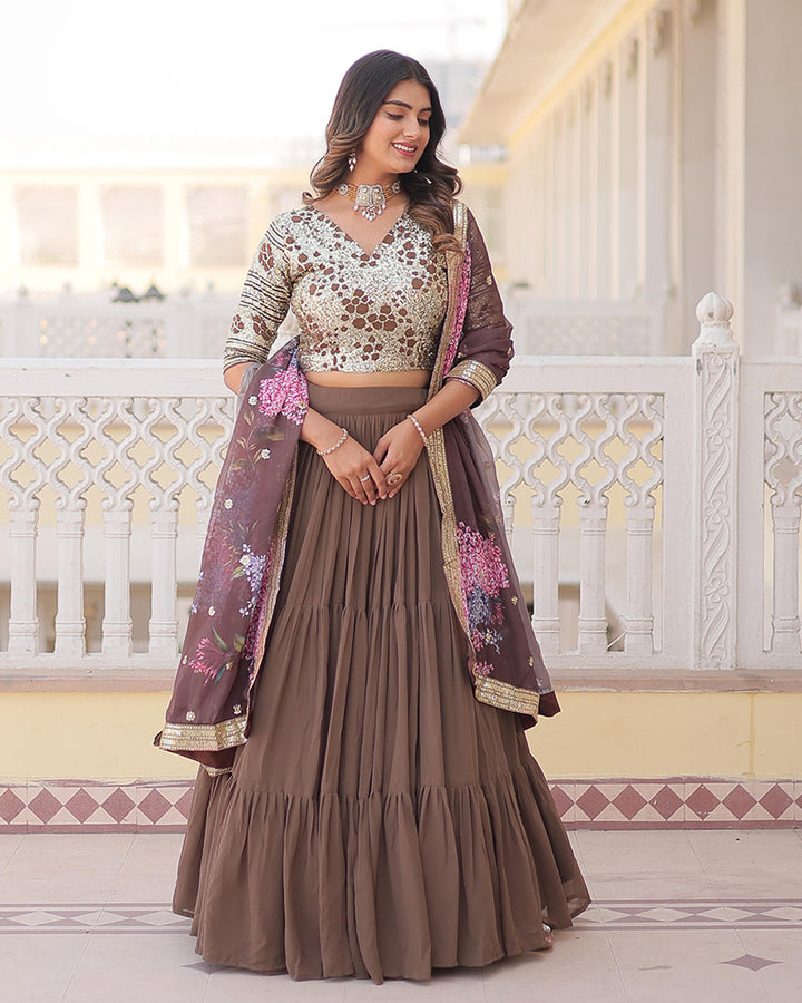 Designer Chocolate Color Faux Georgette Three Layer Lehenga Choli