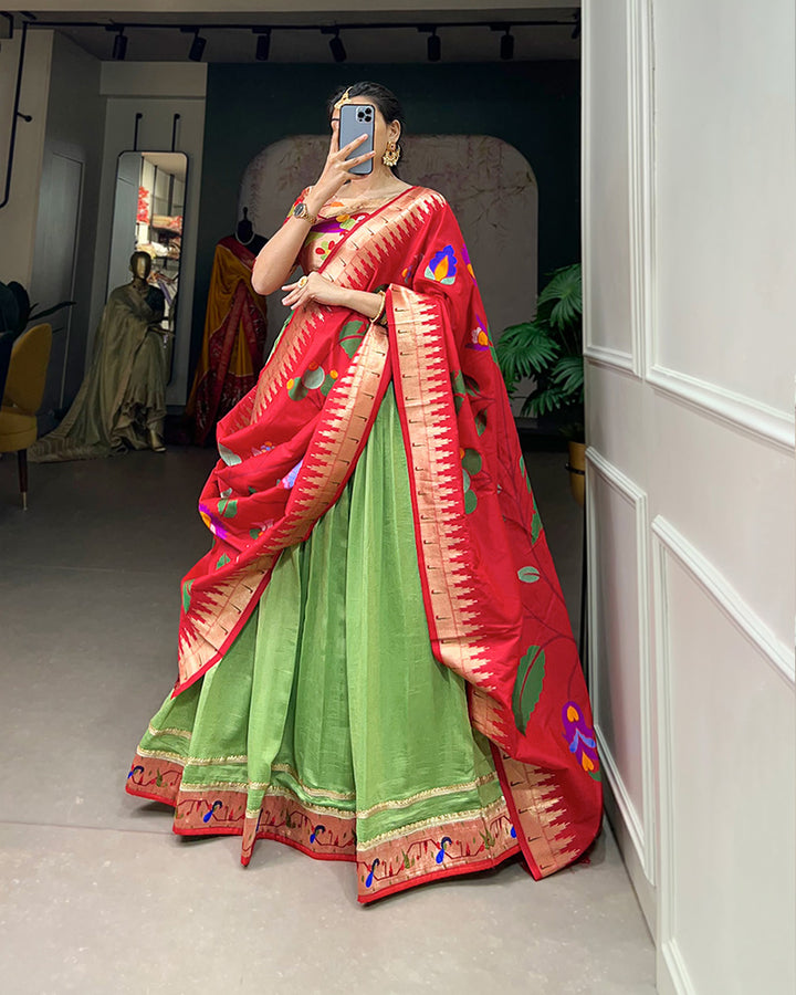 Parrot Color Vichitra Silk Paithani Lehenga Choli