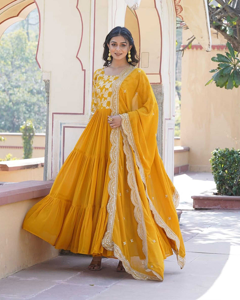 Designer Yellow Color Faux Blooming Frill Anarkali Gown With Dupatta