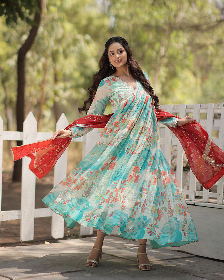 Sky Blue Color Russian Silk Gown With Designer Dupatta