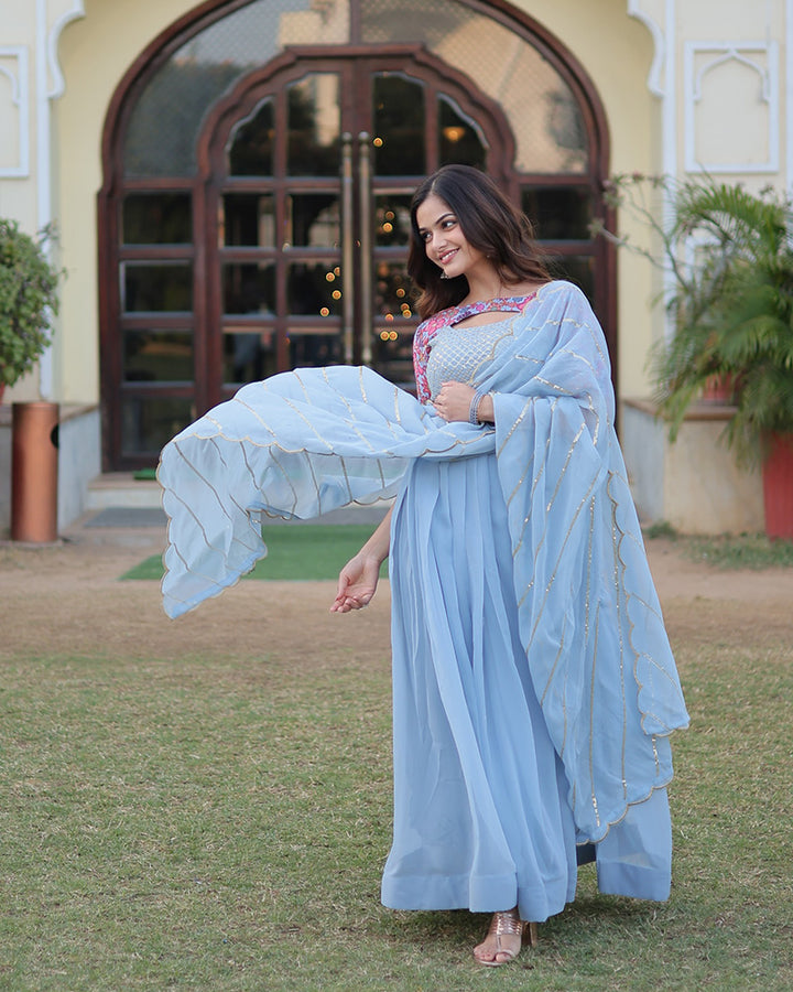 Sky Blue Color Faux Georgette Anarkali With Fancy Neck Design