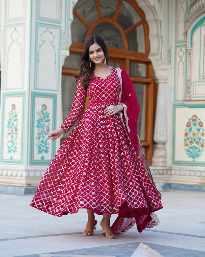 Beautiful Rani Pink Color Embroidery Anarkali Gown With Dupatta