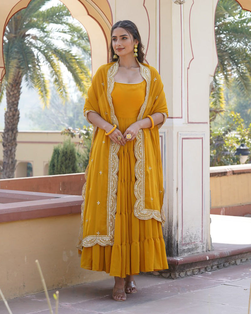 Yellow Color Georgette Frill Gown With Embroidered Dupatta