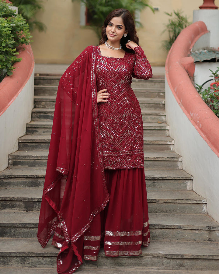 Maroon Color Faux Georgette Three Piece Plazzo Suit