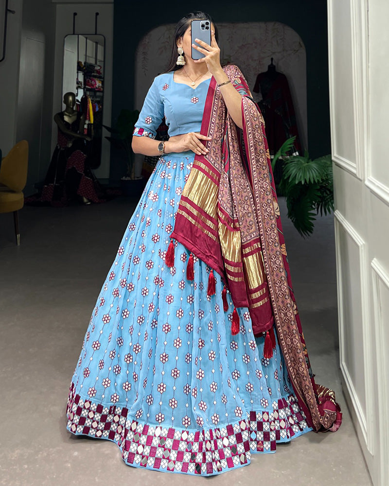 Sky Blue Color Georgette Lehenga Choli With Gaji Silk Dupatta