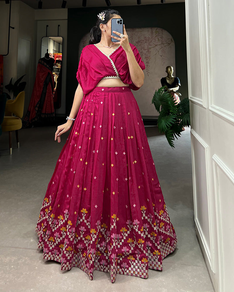 Rani Pink Color Vichitra Silk Fully Stitched Crop Top Lehenga Choli