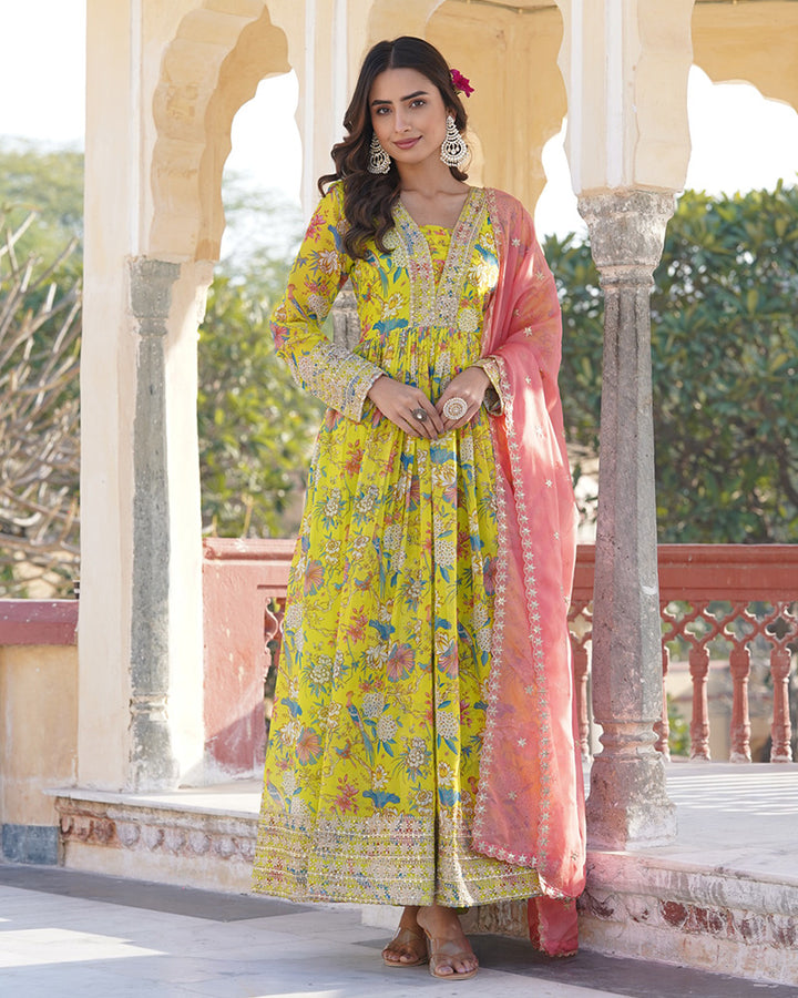 Yellow Color Russian Silk Gown With Designer Dupatta