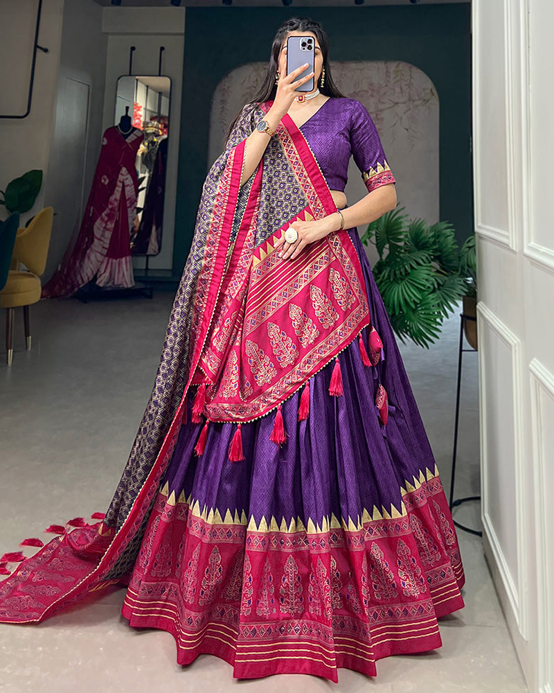 Purple Color Tussar Silk Foil Print Designer Semi Stitched Lehenga Choli