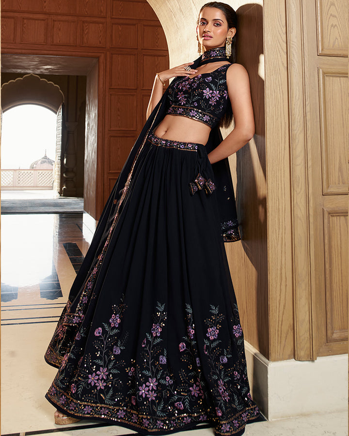 Georgette Navy Blue Color semi Stitched Lehenga Choli