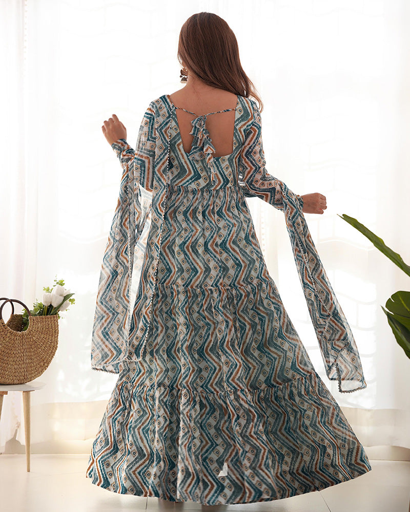 Zigzag Print Light Blue Color Georgette Ruffle Style Anarkali Suit