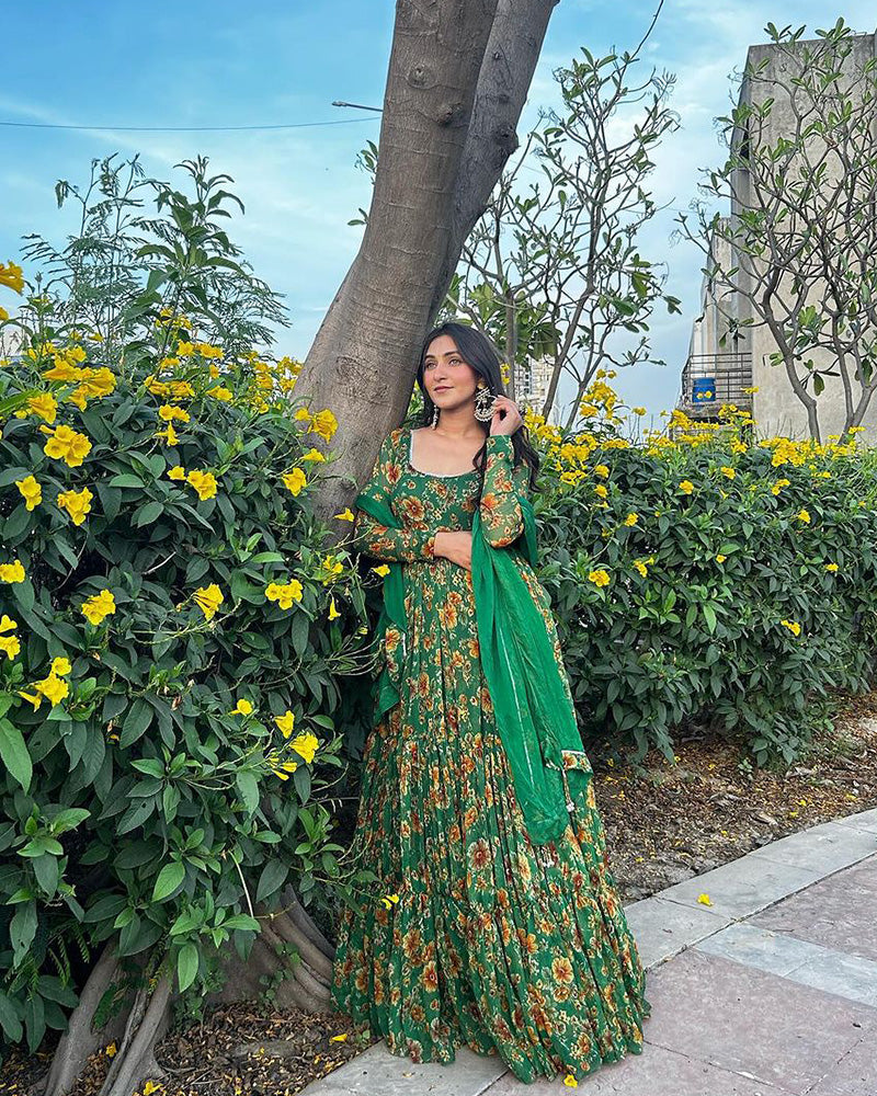 Green Color Faux Georgette Printed Gown With Dupatta