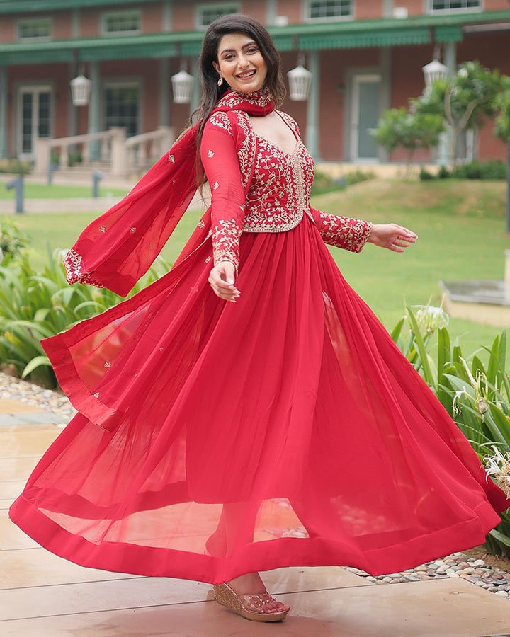 Designer Pink Color Anarkali Gown With Embroidery Dupatta