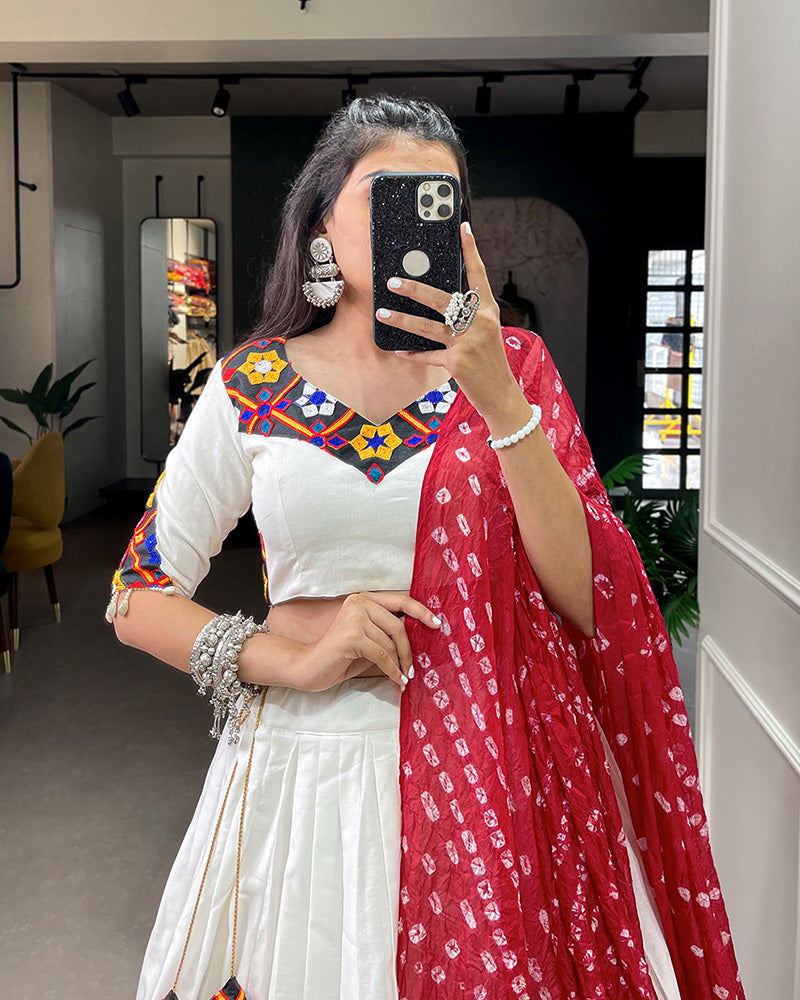 Designer White Color Cotton Fully Stitched Lehenga Choli With Bandhej Dupatta