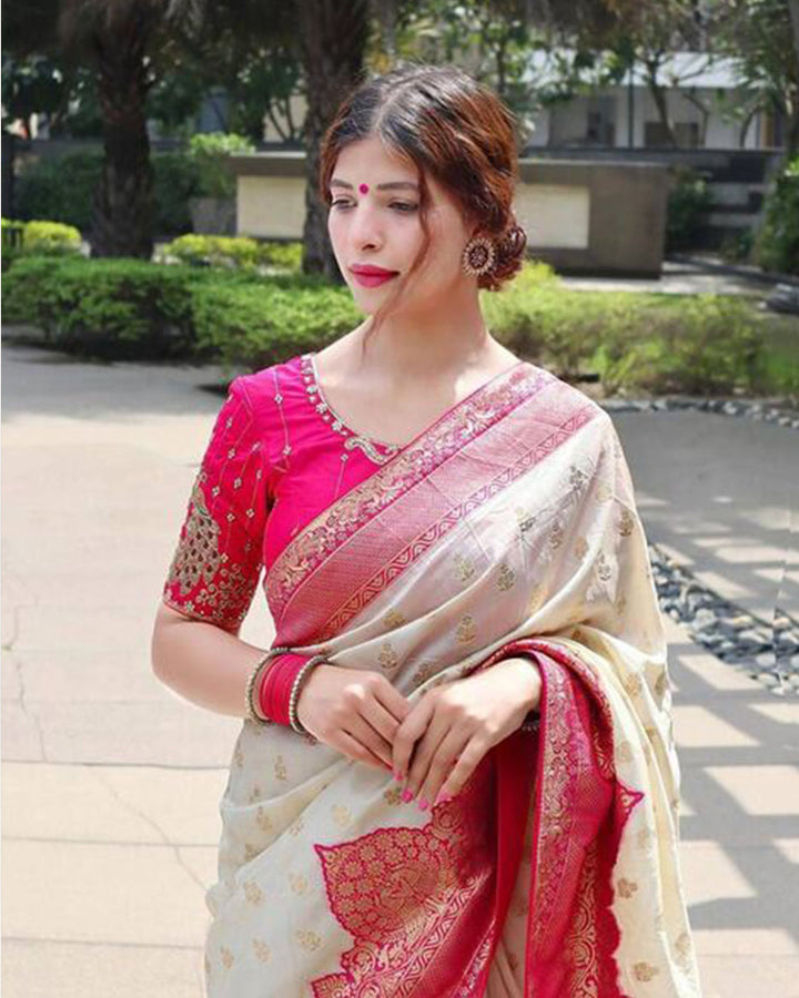 Designer Pink And Cream Color Jacquard Banarasi Silk Saree