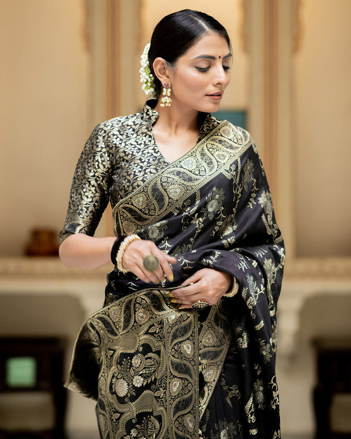 Designer Black Color Jacquard Weaving Banarasi Silk Saree