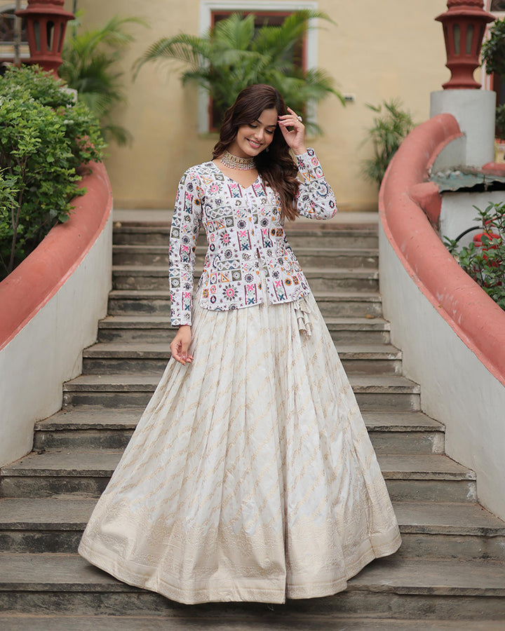 Designer White Color Dyable Viscose Jacquard Crop Top Lehenga Choli