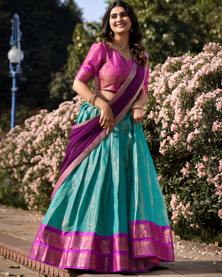 Designer Sky Blue Color Kanchipuram Silk Lehenga Choli