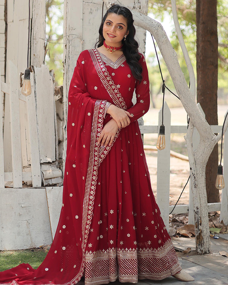 Maroon Color Georgette Gown With Embroidered Dupatta