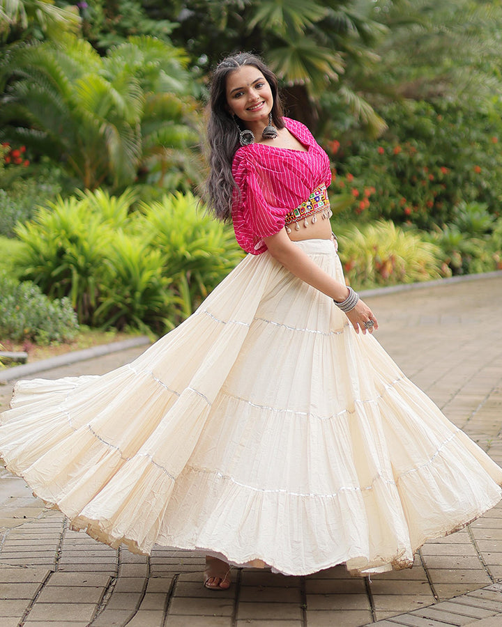 Pink Color Choli With Off-White Kora Cotton Lehenga