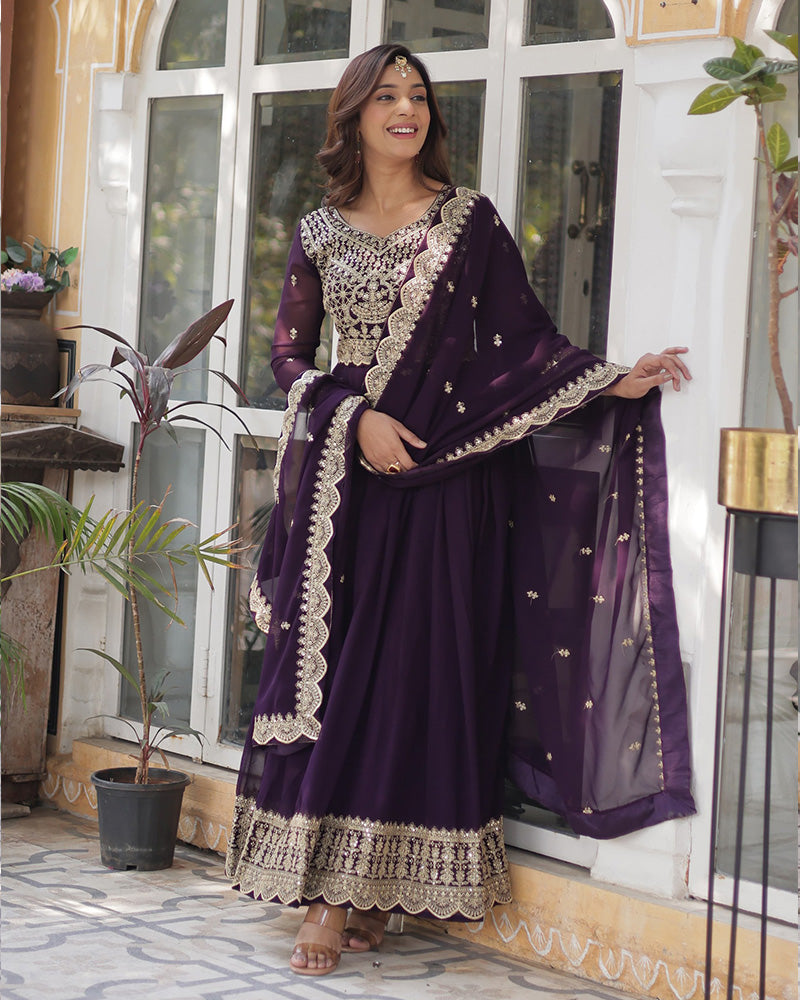 Designer Violet Color Gown With Sequence Embroidered Dupatta