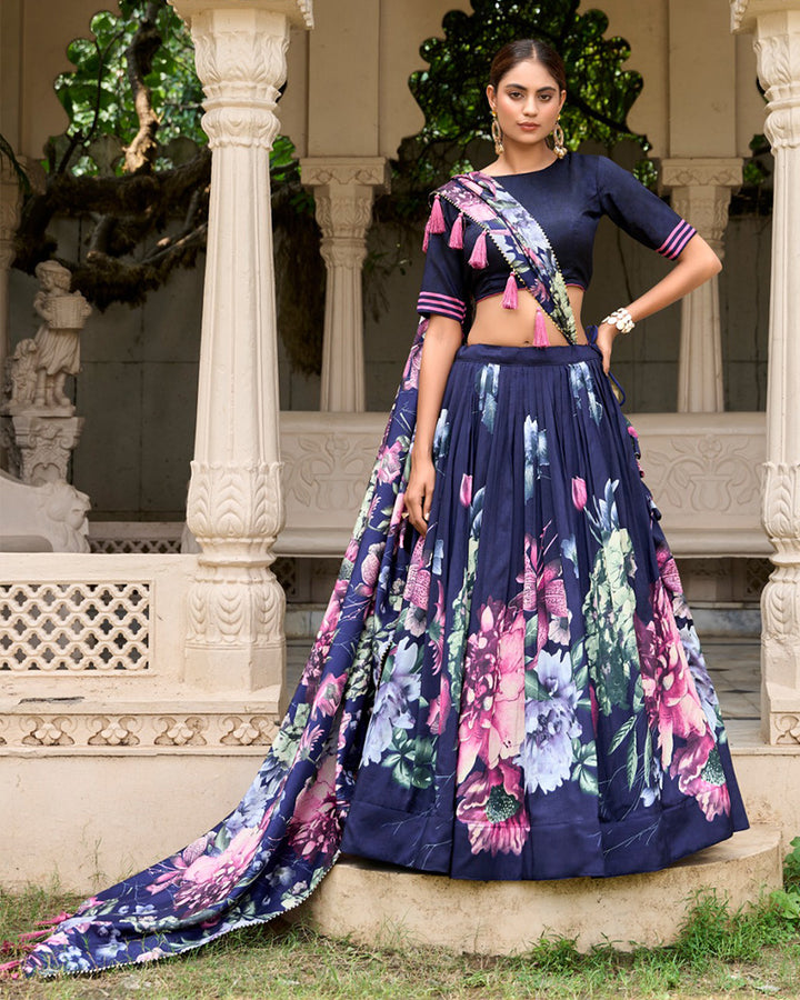 Navy Blue Color Floral Printed Tussar Silk Lehenga Choli