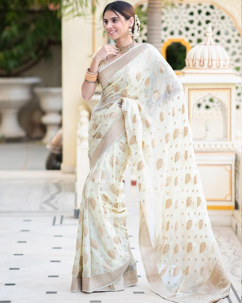 Designer White Color Jacquard Banarasi Silk Saree