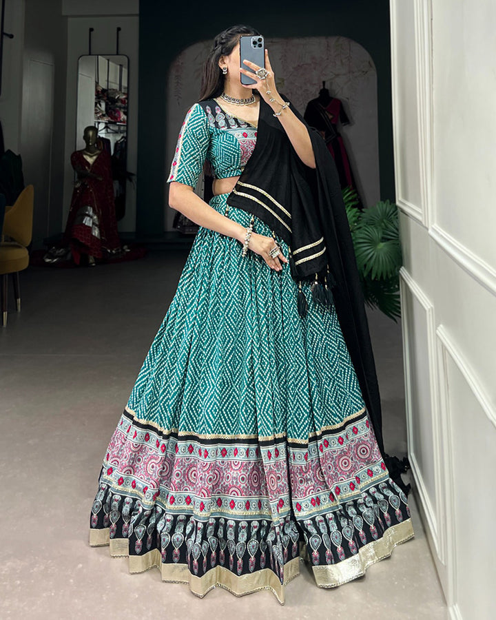 Bottle Green Color Rayon Ajarakh Printed Navratri Lehenga Choli