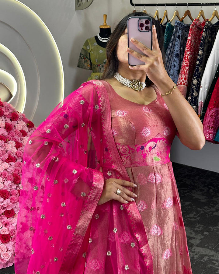 Pink Color Kota Silk Jacquard Gown With Dupatta